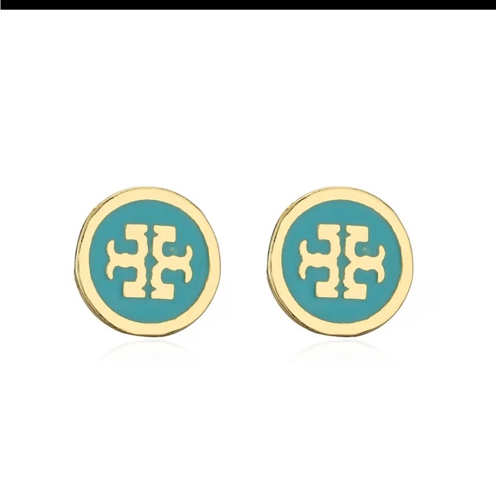 Tory Burch Gold and Turquoise Logo Stud Earrings